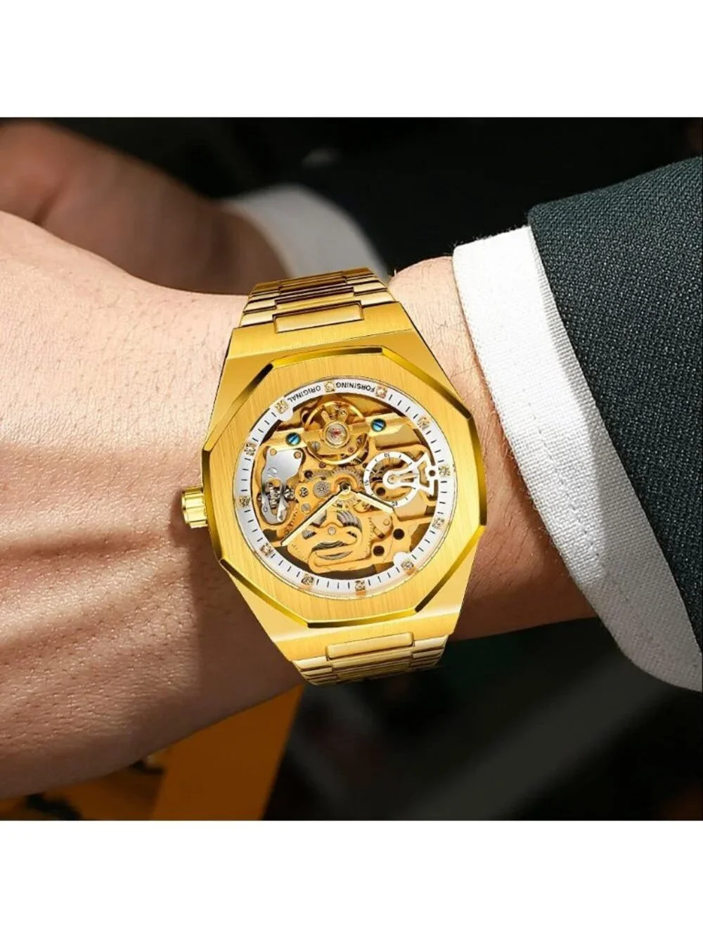 Men's Gold White Mechanical Automatic Male Clock Stainless Steel Skeleton Watch